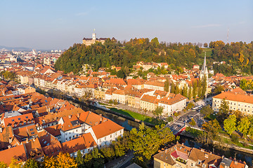 Image showing Cityscape of Ljubljana, capital of Slovenia in warm afternoon sun.