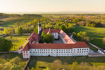 Image showing Aerial view of Cistercian monastery Kostanjevica na Krki, homely appointed as Castle Kostanjevica, Slovenia, Europe