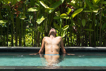 Image showing Man relaxing in outdoor spa infinity swimming pool surrounded with lush tropical greenery of Ubud, Bali.