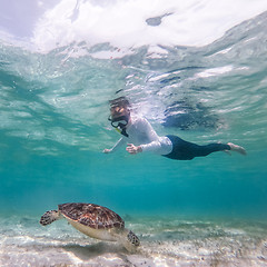 Image showing Woman on vacations wearing snokeling mask swimming with sea turtle in turquoise blue water of Gili islands, Indonesia. Underwater photo.