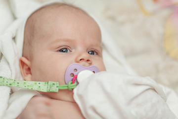 Image showing A portrait of a baby boy with a baby dummy