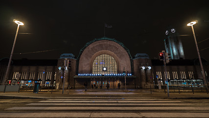 Image showing Pedestrian crossing leading to Helsinki Central railway station, night view