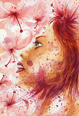 Image showing Grunge abstract woman portrait over flowery background