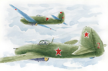 Image showing Pair of a first-generation Soviet jet fighters Yakovlev Yak-15 i