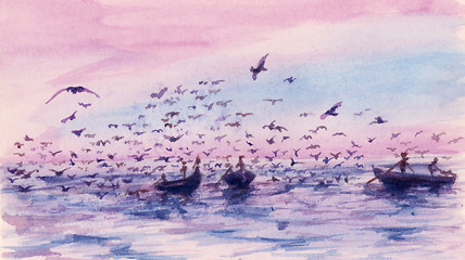 Image showing Small fishing boats and birds under warm sky