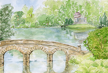 Image showing Stourhead Garden. The Palladian Bridge and Pantheon. Stourhead, 