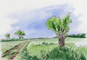 Image showing Landscape with tree and rural road. Loose sketch.