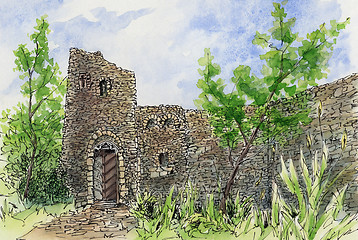 Image showing Garden with picturesque ruin. Loose sketch.