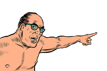 Image showing an angry man with a naked torso points. isolate on white background