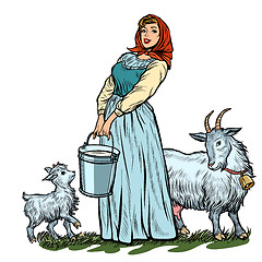 Image showing a village woman with bucket of milk goats isolate on white background