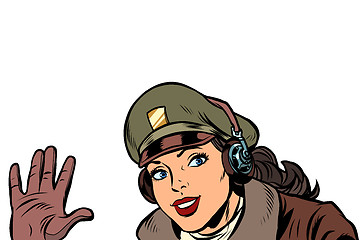 Image showing girl woman retro Aviator pilot welcome gesture