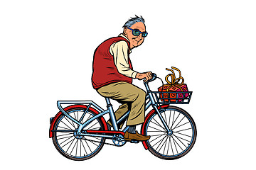 Image showing an old man with a gift, riding a Bicycle