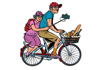 Image showing old man and old lady travelers on bike, selfie on smartphone