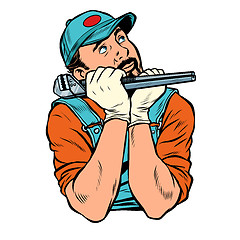 Image showing plumber with wrench dreamer thinks. isolate on white background