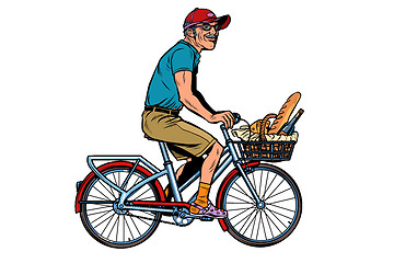 Image showing old man on bike with shopping food