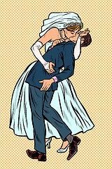 Image showing kiss bride and groom, wedding ceremony. feminist woman and man