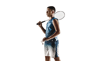 Image showing Little boy playing badminton isolated on white studio background