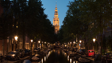 Image showing Night view of Amsterdam with canal and Zuiderkerk, Netherlands