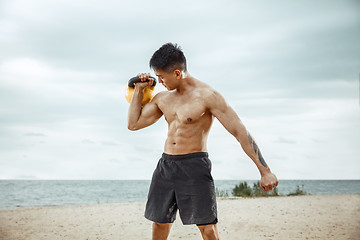 Image showing Young healthy man athlete doing squats at the beach