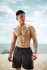 Image showing Young healthy man athlete doing squats at the beach