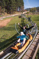 Image showing mother and son enjoys driving on alpine coaster