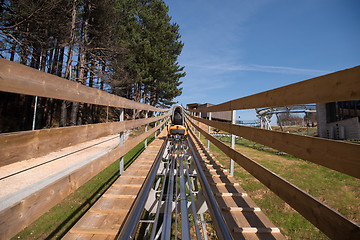 Image showing mother and son enjoys driving on alpine coaster
