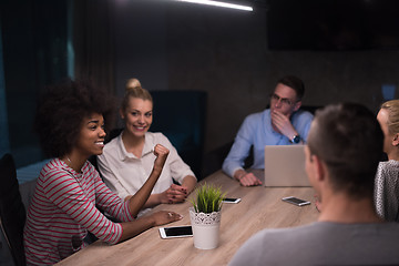 Image showing Multiethnic startup business team in night office