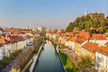 Image showing Cityscape of Ljubljana, capital of Slovenia in warm afternoon sun.