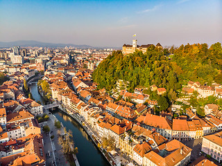 Image showing Cityscape of Ljubljana, capital of Slovenia in warm afternoon sun.