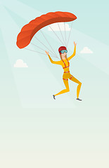 Image showing Young caucasian skydiver flying with a parachute.