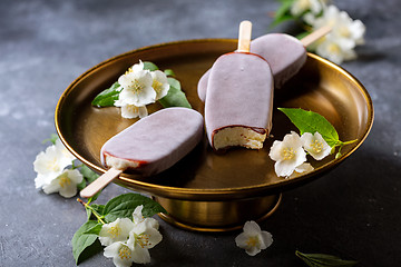 Image showing Homemade vanilla popsicle in chocolate glaze.