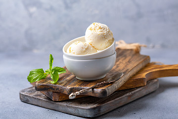 Image showing Balls of homemade ice cream in a bowl.