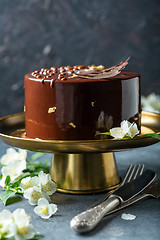 Image showing Chocolate cake with mirror glaze.