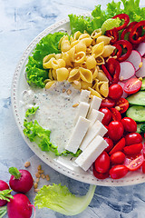 Image showing Vegetable salad with pasta,artisanal cheese and pine nuts.