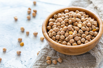 Image showing Dry chickpeas in a wooden bowl closeup.