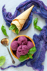 Image showing Artisanal blueberry ice cream with green basil.