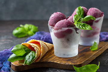 Image showing Homemade blueberry ice cream with basil.