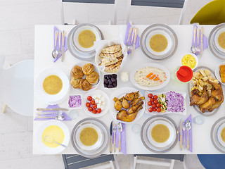 Image showing top view of beautiful decorated and served colorful food