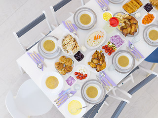 Image showing top view of beautiful decorated and served colorful food