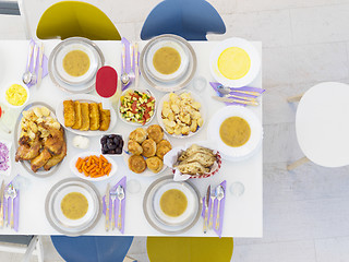 Image showing top view of beautiful decorated and served colorful food