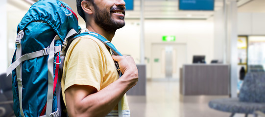 Image showing man with backpack over airport terminal