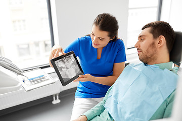 Image showing dentist showing panoramic dental x-ray to patient