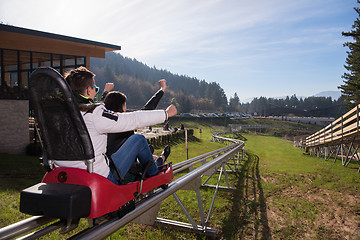 Image showing couple enjoys driving on alpine coaster