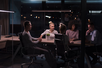 Image showing Multiethnic startup business team in night office