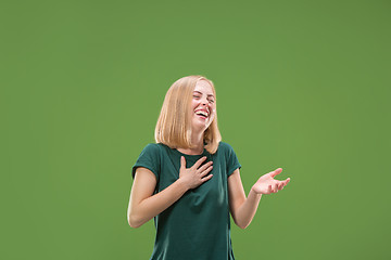 Image showing happy woman. image of female model on green