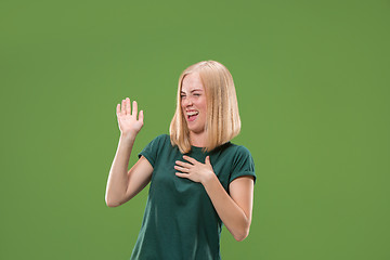 Image showing happy woman. image of female model on green