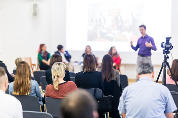 Image showing Media interview and round table discussion at popular scientific conference.