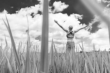 Image showing Relaxed healthy sporty woman, arms rised to the sky, enjoying pure nature at beautiful green rice fields on Bali.