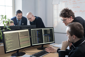 Image showing Startup business problem solving. Software developers working on desktop computer.