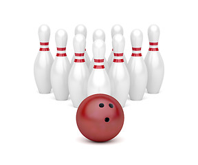 Image showing Bowling ball and ten pins